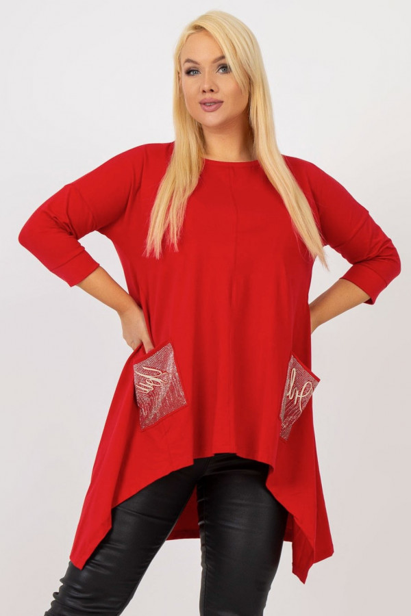 Asymetryczna bluzka tunika damska w kolorze czerwonym z kieszeniami dłuższy tył Beatrice 5