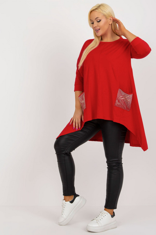 Asymetryczna bluzka tunika damska w kolorze czerwonym z kieszeniami dłuższy tył Beatrice 4