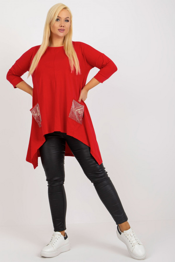 Asymetryczna bluzka tunika damska w kolorze czerwonym z kieszeniami dłuższy tył Beatrice 1
