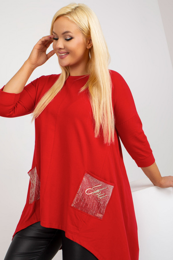Asymetryczna bluzka tunika damska w kolorze czerwonym z kieszeniami dłuższy tył Beatrice 6