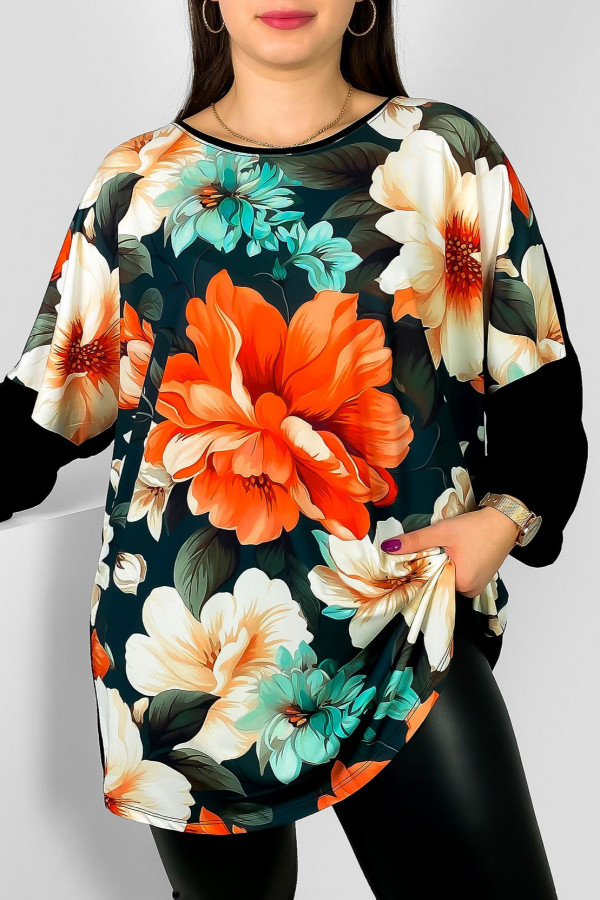Tunika damska plus size okrągły dekolt nietoperz wzór kolorowe kwiaty długi rękaw Weenie