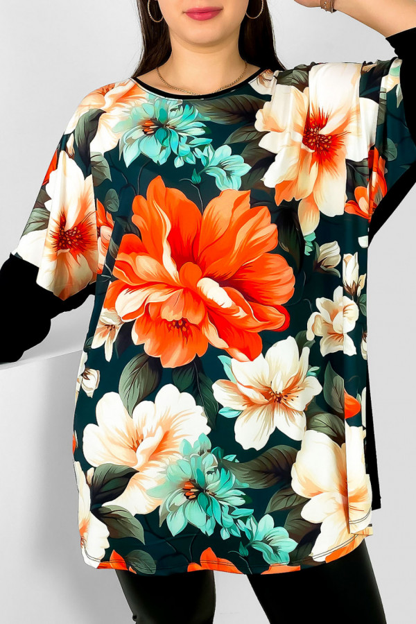 Tunika damska plus size okrągły dekolt nietoperz wzór kolorowe kwiaty długi rękaw Weenie 2