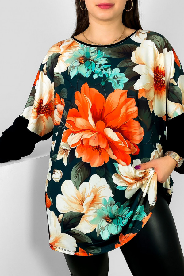 Tunika damska plus size okrągły dekolt nietoperz wzór kolorowe kwiaty długi rękaw Weenie 1