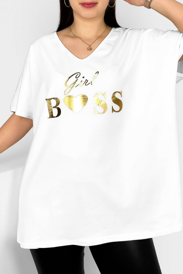 Bluzka damska plus size w kolorze białym złoty nadruk Girl Boss 2