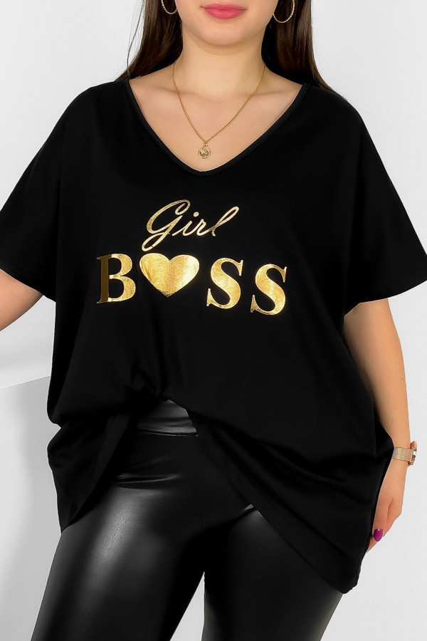 Bluzka damska plus size w kolorze czarnym złoty nadruk Girl Boss