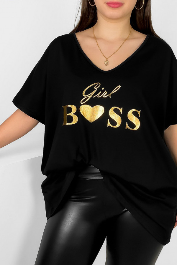 Bluzka damska plus size w kolorze czarnym złoty nadruk Girl Boss 1