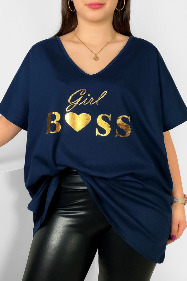 Bluzka damska plus size w kolorze granatowym złoty nadruk Girl Boss