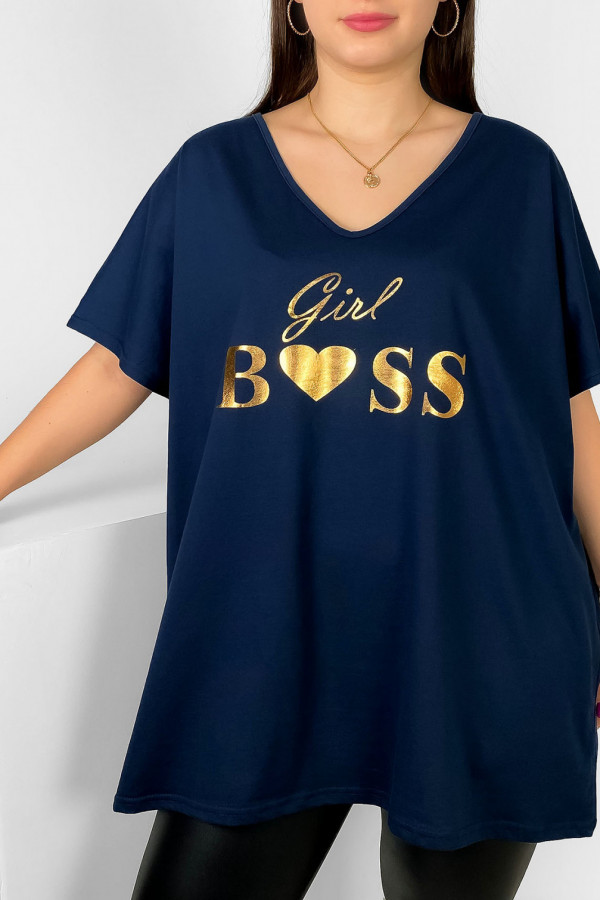 Bluzka damska plus size w kolorze granatowym złoty nadruk Girl Boss 2