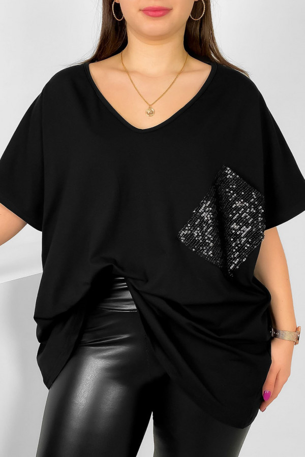 Bluzka damska plus size w kolorze czarnym ozdobna kieszonka cekiny