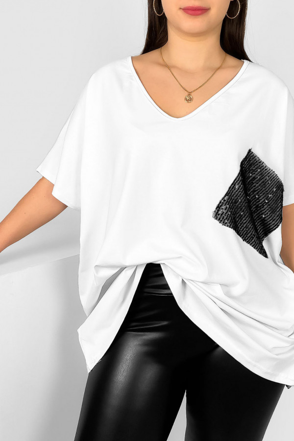 Bluzka damska plus size w kolorze białym ozdobna kieszonka cekiny 1