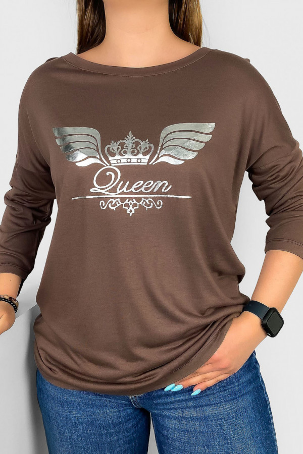 Bluzka damska w kolorze brązowym rękaw 3/4 srebrny print korona Queen
