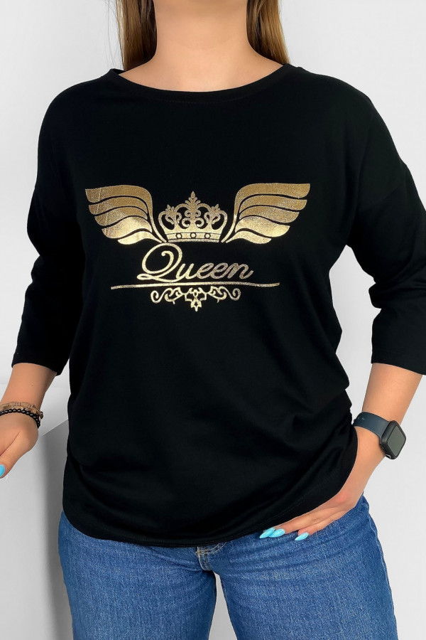 Bluzka damska w kolorze czarnym rękaw 3/4 złoty print korona Queen