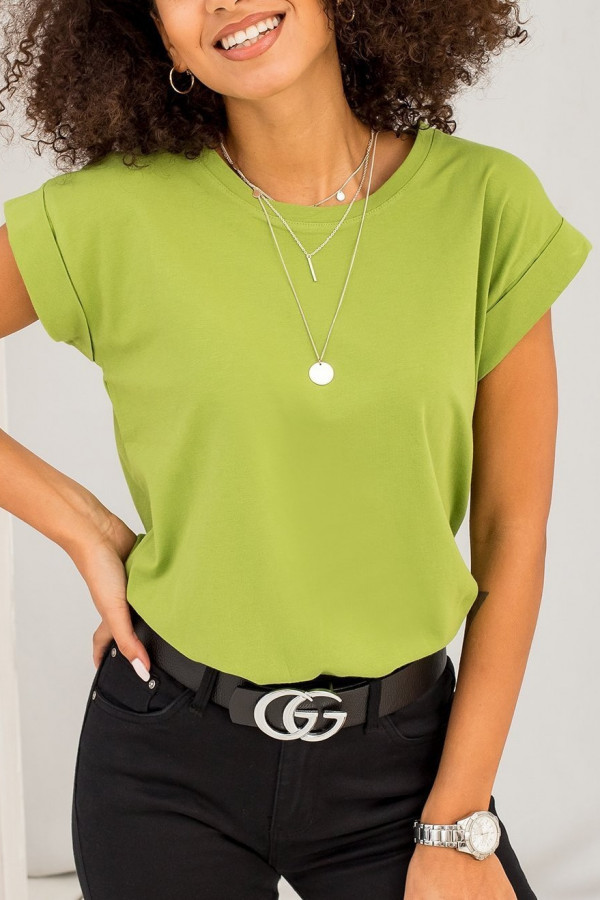 Bluzka damska w kolorze oliwkowym t-shirt basic podwijany rękaw Mila
