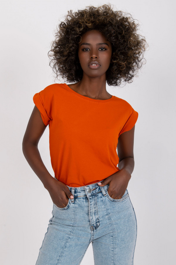 Bluzka damska w kolorze ciemno pomarańczowym t-shirt basic podwijany rękaw Mila 3