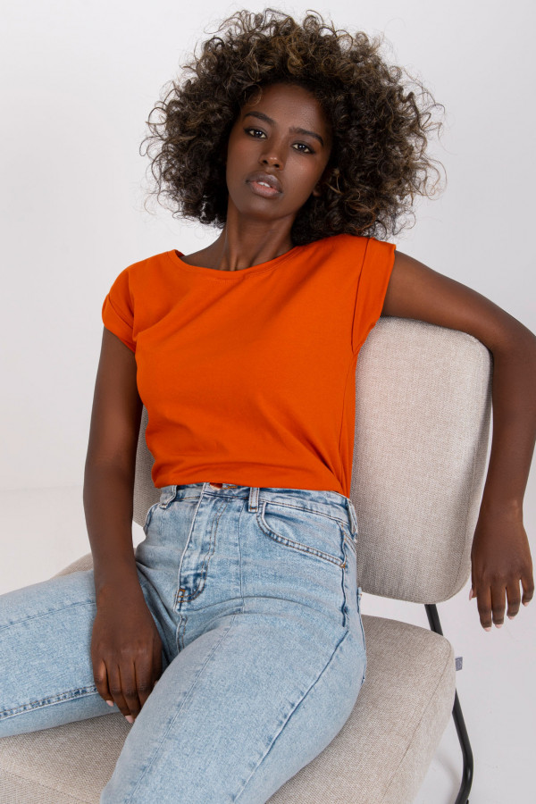 Bluzka damska w kolorze ciemno pomarańczowym t-shirt basic podwijany rękaw Mila 1