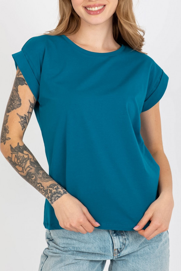 Bluzka damska w kolorze morskim t-shirt basic podwijany rękaw Mila