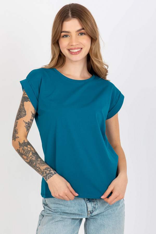 Bluzka damska w kolorze morskim t-shirt basic podwijany rękaw Mila 2