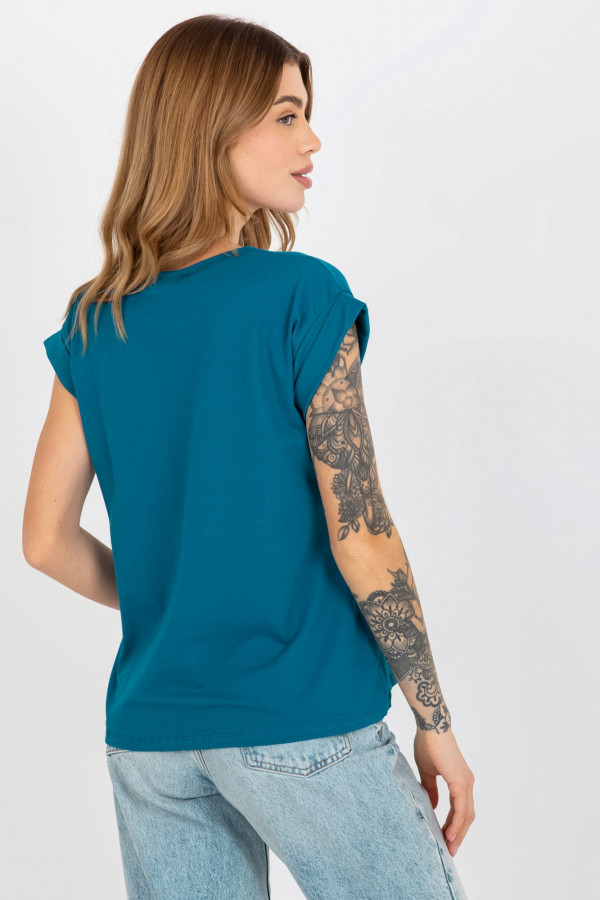 Bluzka damska w kolorze morskim t-shirt basic podwijany rękaw Mila 1