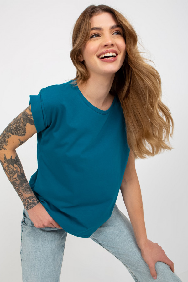 Bluzka damska w kolorze morskim t-shirt basic podwijany rękaw Mila 3