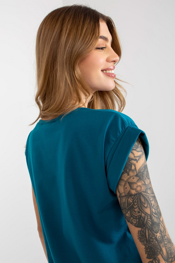 Bluzka damska w kolorze morskim t-shirt basic podwijany rękaw Mila 4
