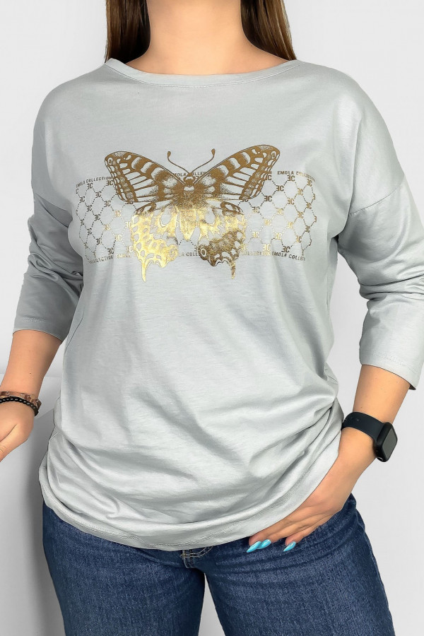 Bluzka damska w kolorze szarym rękaw 3/4 złoty print Motyl