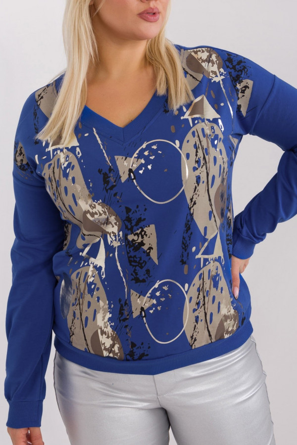Lekka bluza damska w kolorze kobaltowym z printem dekolt V-neck REVA