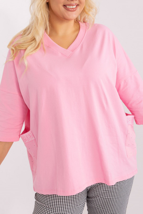 Bluzka plus size w kolorze różowym o luźnym fasonie oversize kieszenie dżety Izetta