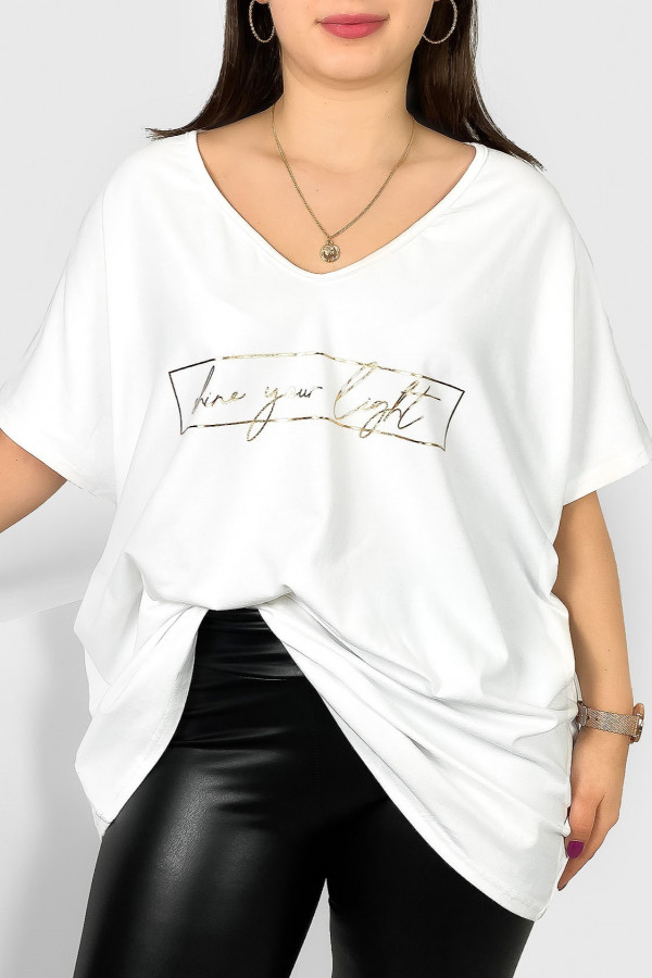 Bluzka damska T-shirt plus size w kolorze białym złoty nadruk Shine your light