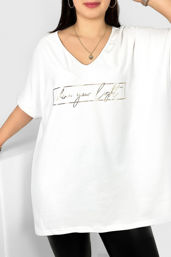 Bluzka damska T-shirt plus size w kolorze białym złoty nadruk Shine your light 2