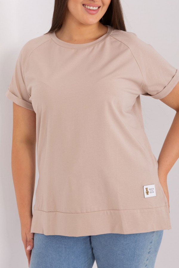 Bluzka damska plus size w kolorze beżowym rozcięcia naszywka miś Miriam