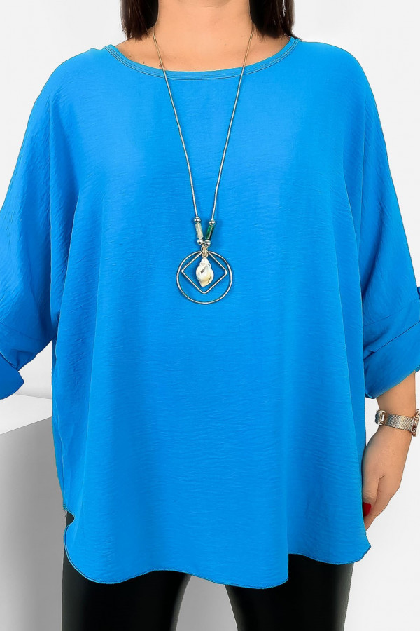 Duża koszula bluzka w kolorze lazurowym oversize podpinany rękaw z naszyjnikiem Anne 4