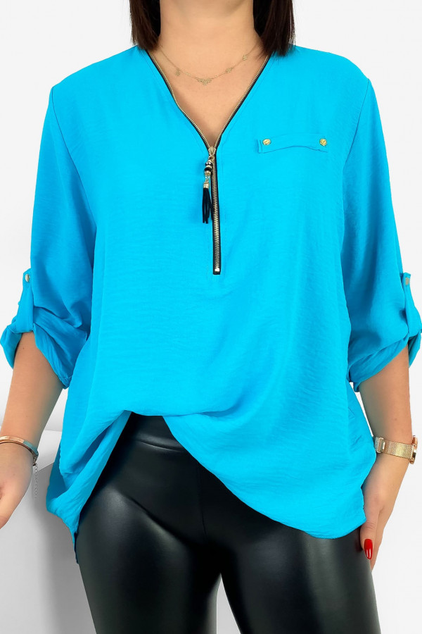Elegancka bluzka koszula w kolorze turkusowym dekolt zamek ZIP secret