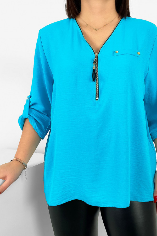 Elegancka bluzka koszula w kolorze turkusowym dekolt zamek ZIP secret 2