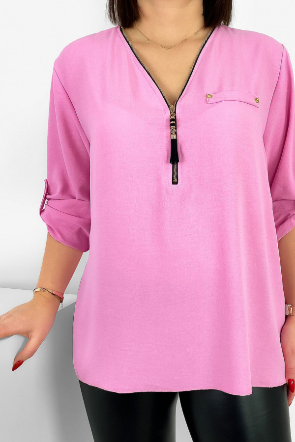Elegancka bluzka koszula w kolorze jasno różowym dekolt zamek ZIP secret 2
