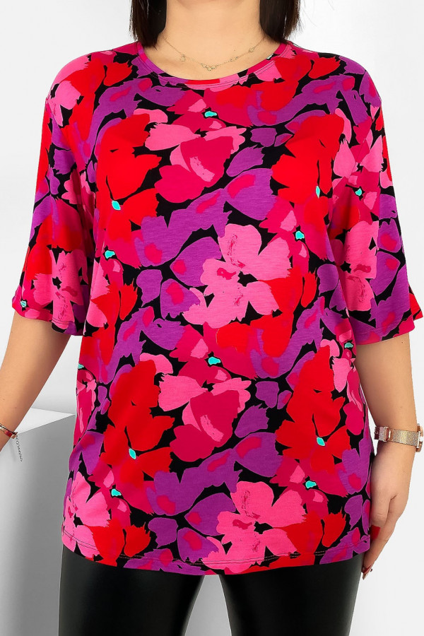 Bluzka damska T-shirt plus size w kolorze czerwonym wzór kwiaty Blanca 2