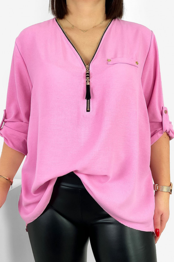 Elegancka bluzka koszula w kolorze jasno różowym dekolt zamek ZIP secret