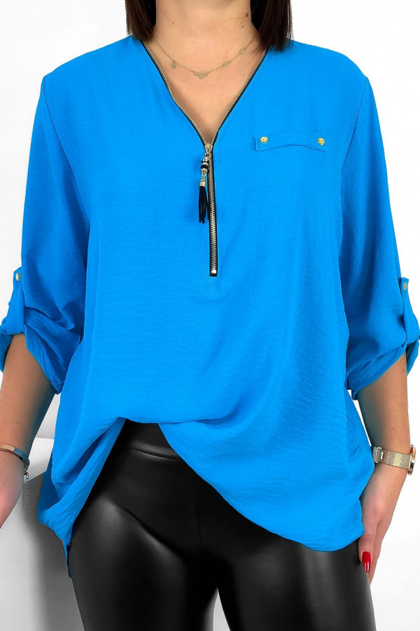 Elegancka bluzka koszula w kolorze niebieskim dekolt zamek ZIP secret