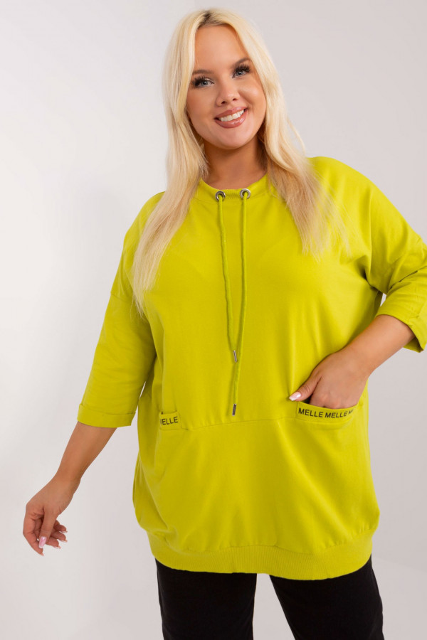 Modna lekka bluza damska plus size w kolorze limonkowym kieszenie napisy Melle 1