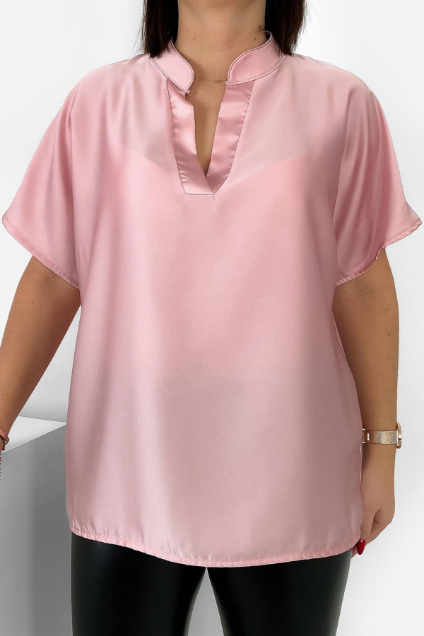 Elegancka bluzka koszulowa plus size w kolorze pudrowym krótki rękaw Merin