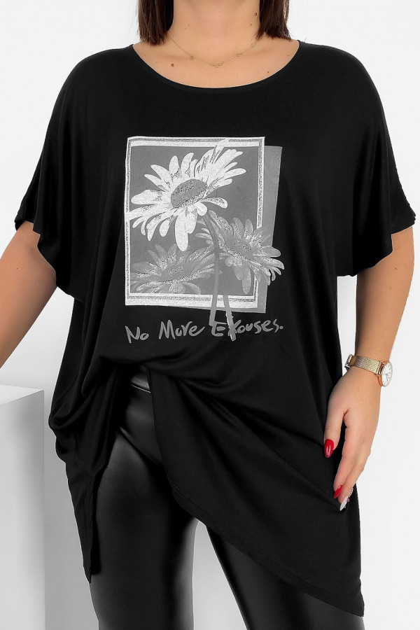 Tunika plus size luźna bluzka z wiskozy w kolorze czarnym kwiaty sunflower