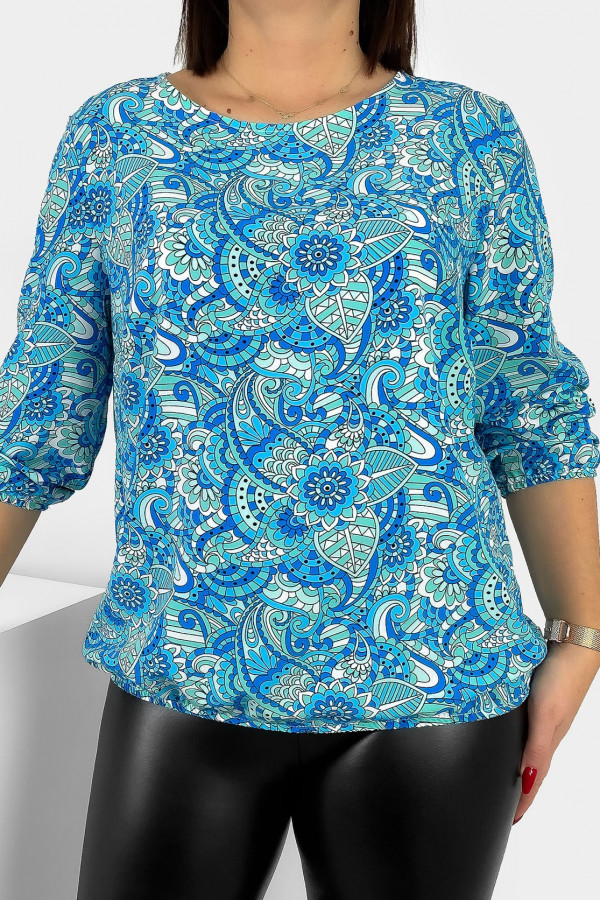 Kobieca bluzka damska plus size z gumką abstrakcyjny niebiesko miętowy wzór Tana