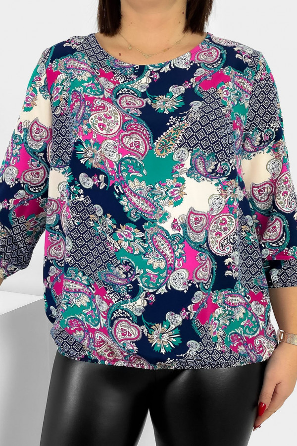 Kobieca bluzka damska plus size z gumką różowo morski wzór paisley Tana