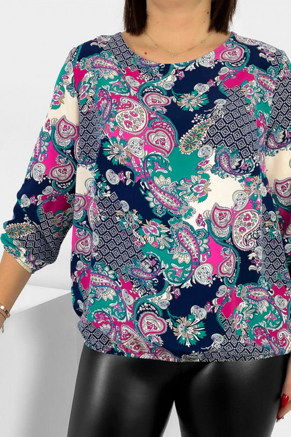 Kobieca bluzka damska plus size z gumką różowo morski wzór paisley Tana 1