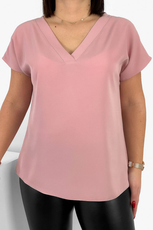 Elegancka bluzka koszulowa plus size w kolorze pudrowym dekolt zakładka Ezan