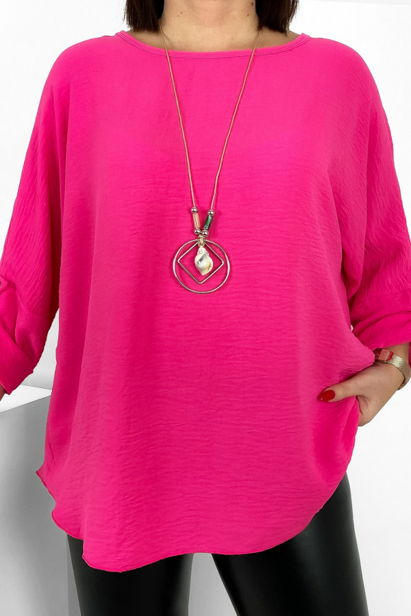 Duża koszula bluzka w kolorze różowym oversize podpinany rękaw z naszyjnikiem Anne