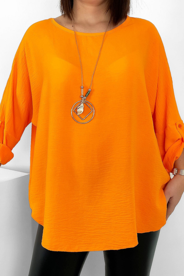 Duża koszula bluzka w kolorze pomarańczowym oversize podpinany rękaw z naszyjnikiem Anne
