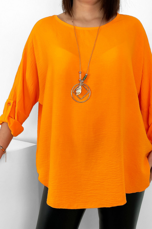 Duża koszula bluzka w kolorze pomarańczowym oversize podpinany rękaw z naszyjnikiem Anne 1