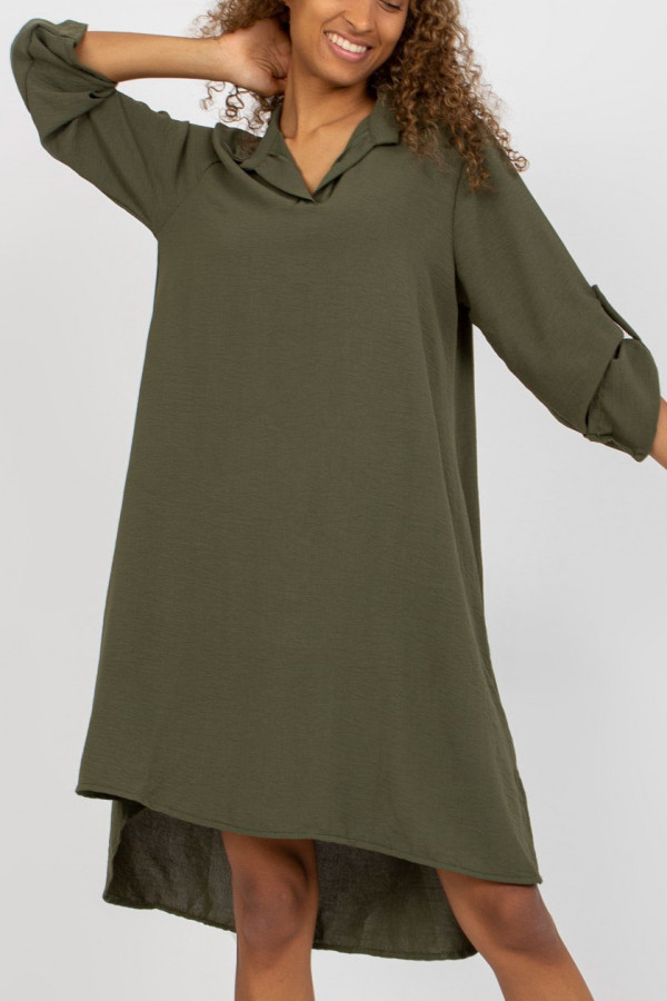 Koszula tunika w kolorze khaki sukienka z dłuższym tyłem podpinany rękaw Kloe