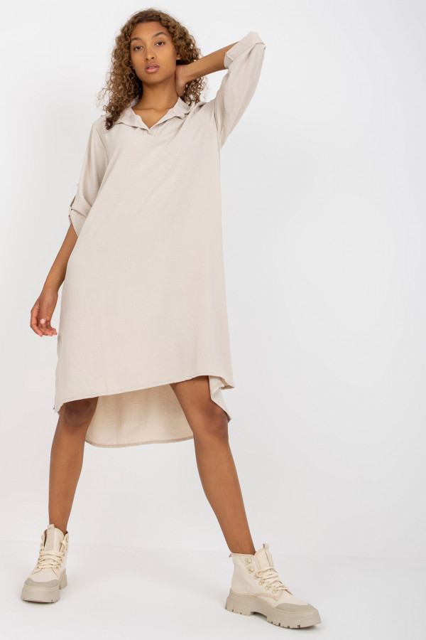 Koszula tunika w kolorze beżowym sukienka z dłuższym tyłem podpinany rękaw Kloe 1