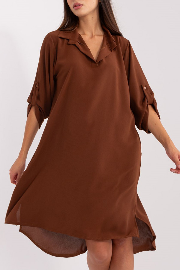 Koszula tunika w kolorze brązowym sukienka z dłuższym tyłem podpinany rękaw Kloe